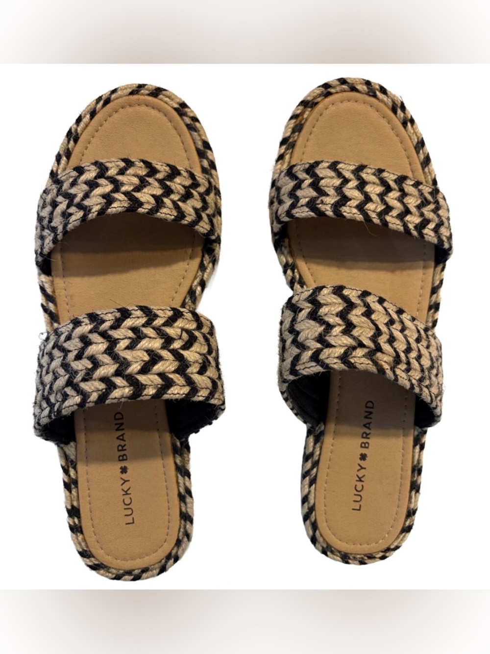 ✨ Lucky Brand Woven Slide Sandals Black Tan Braided Boho Chic Sz 10
